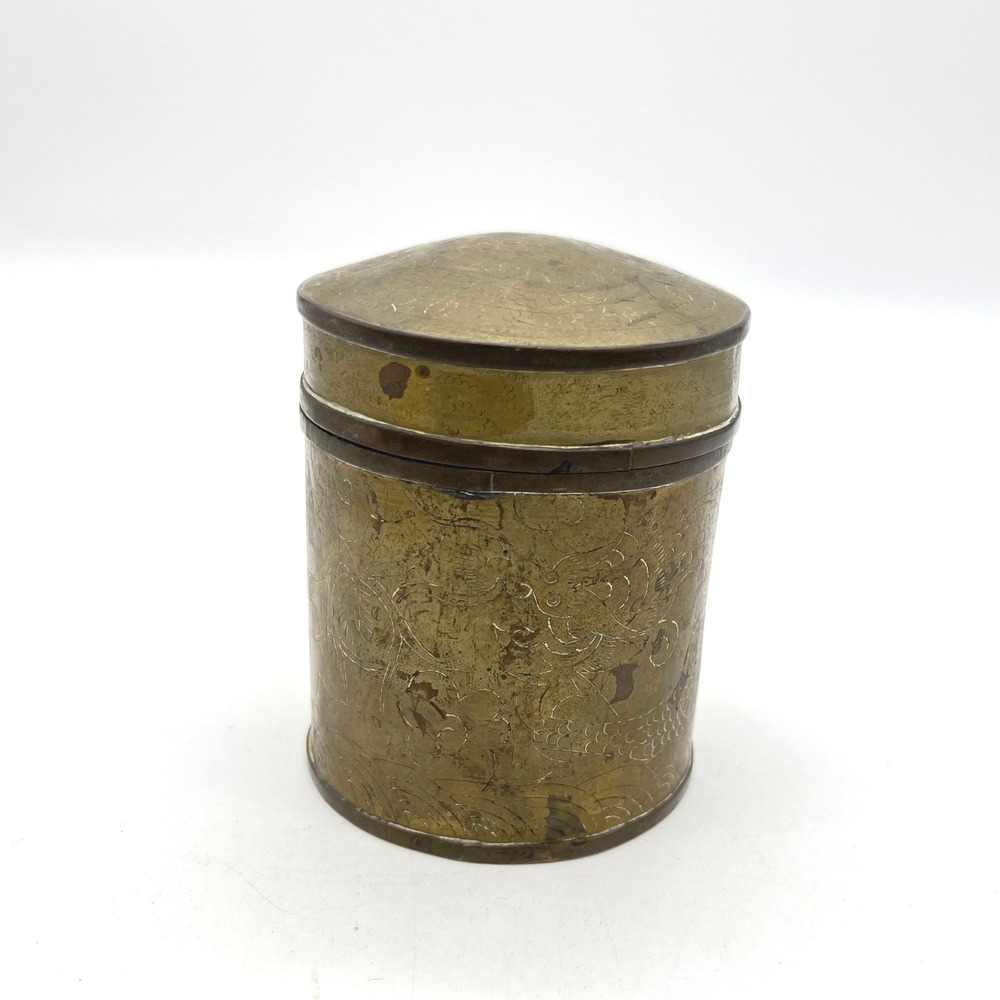 Vintage Etched Brass Dragon Tea Caddy Canister Made in China Chinoiserie Jar